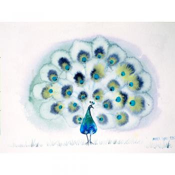 Akwarela oryginalna piękna najlepsza  Marta Konieczny 40x30 cm przyroda natura, na ścianę, do sypialni, na prezent, paw, pawi ogon, jasno różowy, seledynowy, dekoracja do domu, akwarele na zamówienie